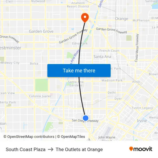 South Coast Plaza to The Outlets at Orange map