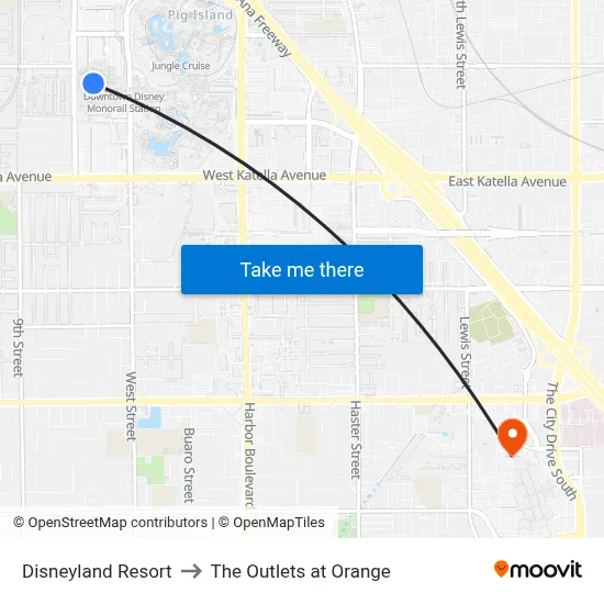 Disneyland Resort to The Outlets at Orange map