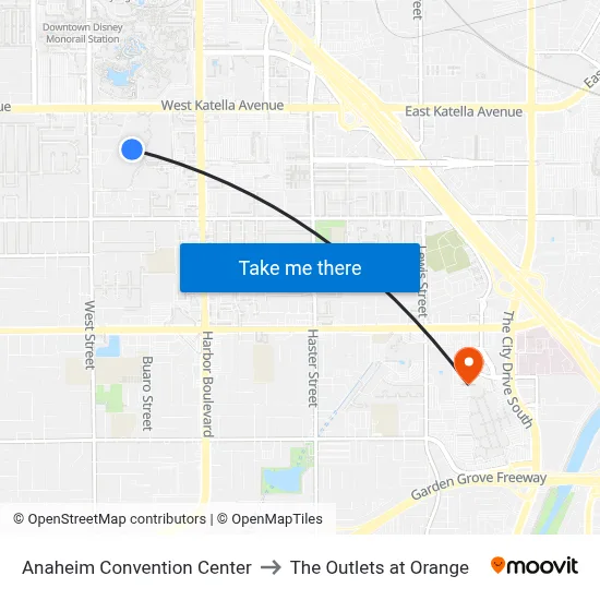 Anaheim Convention Center to The Outlets at Orange map