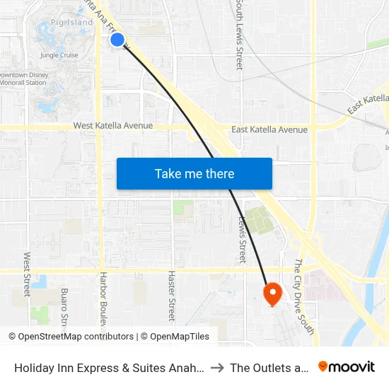Holiday Inn Express & Suites Anaheim Resort Area to The Outlets at Orange map