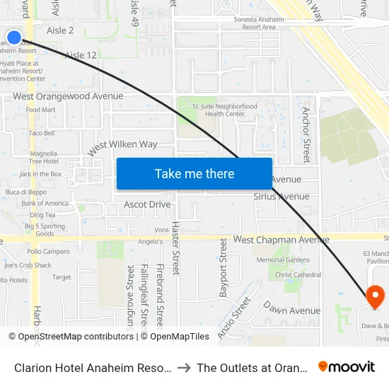 Clarion Hotel Anaheim Resort to The Outlets at Orange map