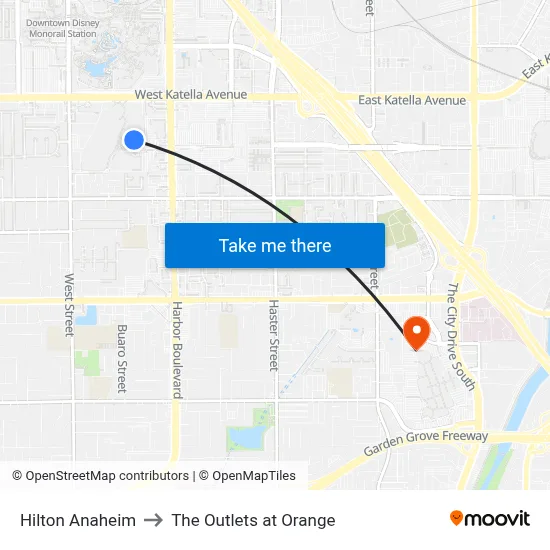 Hilton Anaheim to The Outlets at Orange map