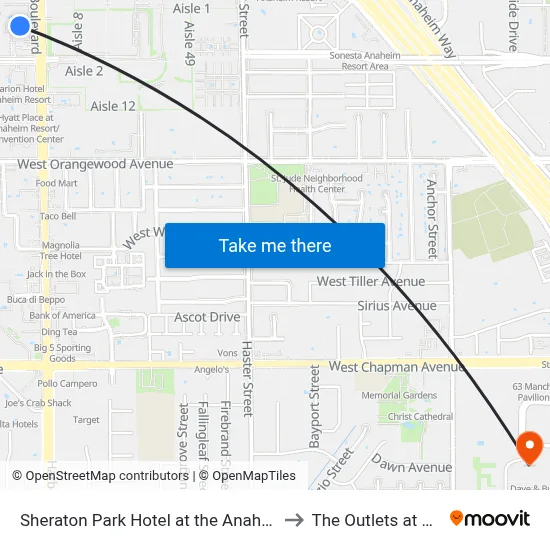 Sheraton Park Hotel at the Anaheim Resort to The Outlets at Orange map