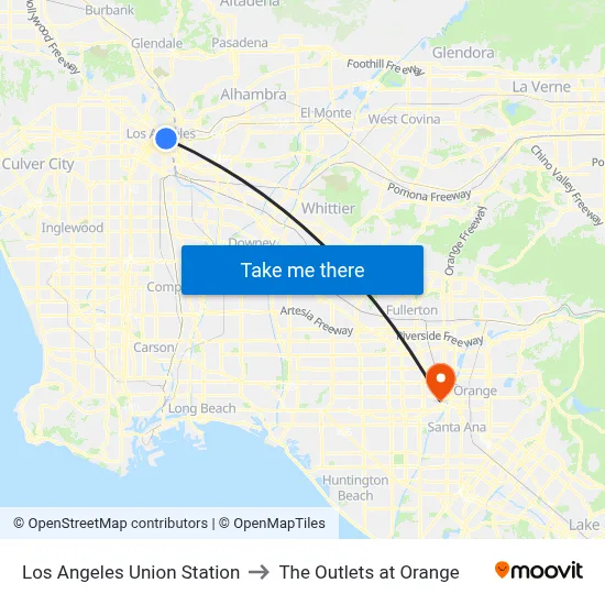 Los Angeles Union Station to The Outlets at Orange map