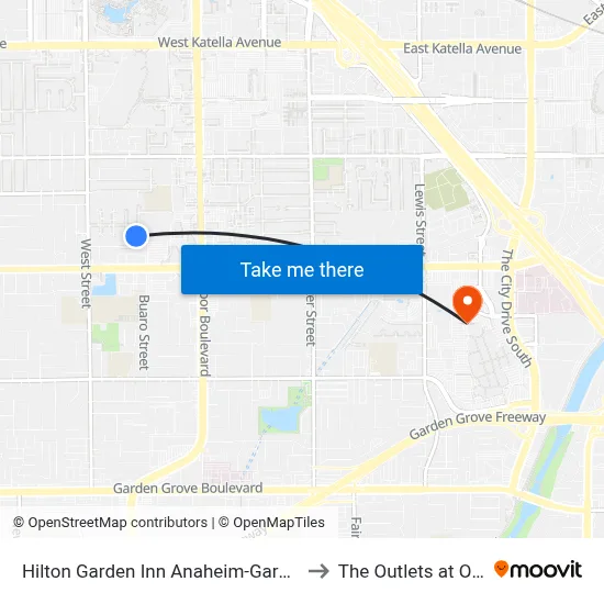Hilton Garden Inn Anaheim-Garden Grove to The Outlets at Orange map