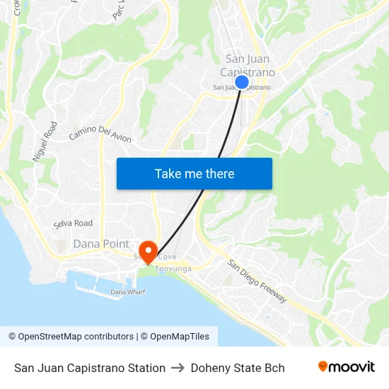 San Juan Capistrano Station to Doheny State Bch map