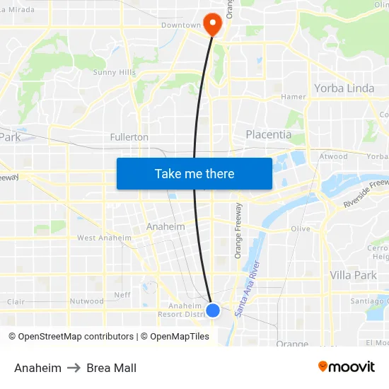 Anaheim to Brea Mall map