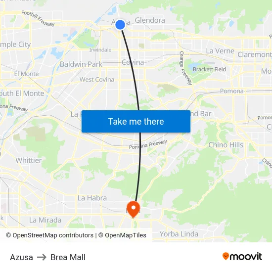 Azusa to Brea Mall map