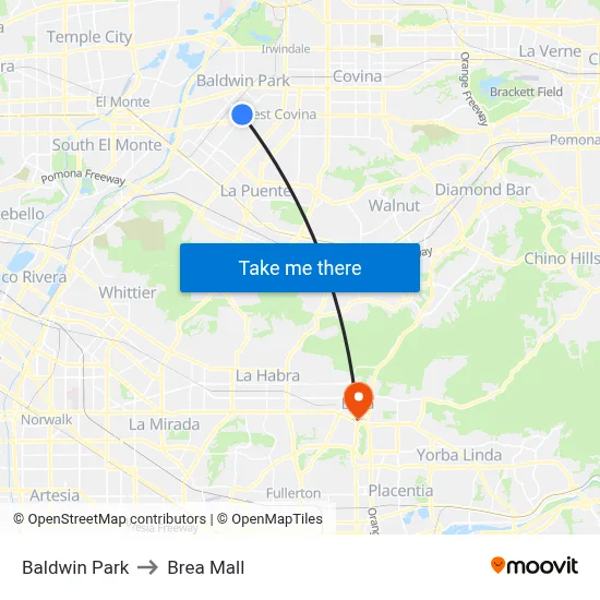Baldwin Park to Brea Mall map