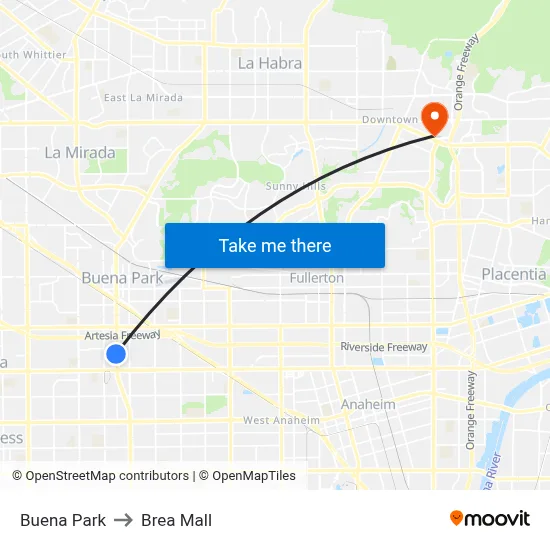 Buena Park to Brea Mall map