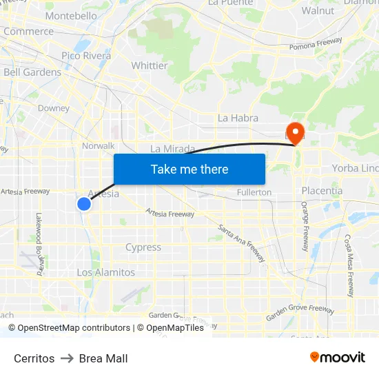 Cerritos to Brea Mall map