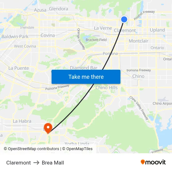 Claremont to Brea Mall map