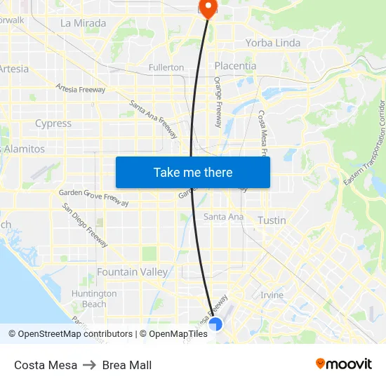 Costa Mesa to Brea Mall map
