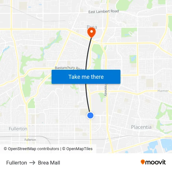 Fullerton to Brea Mall map