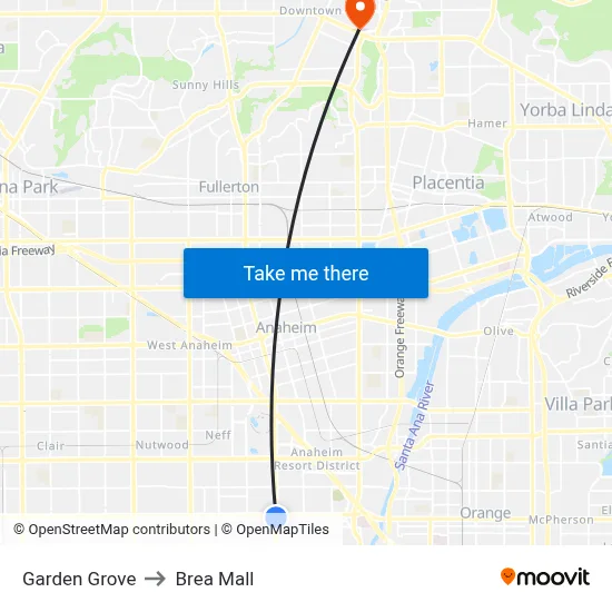 Garden Grove to Brea Mall map