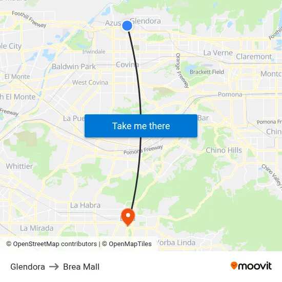 Glendora to Brea Mall map
