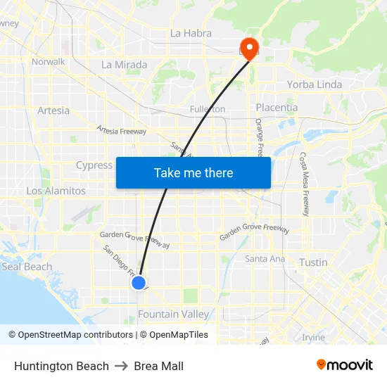 Huntington Beach to Brea Mall map