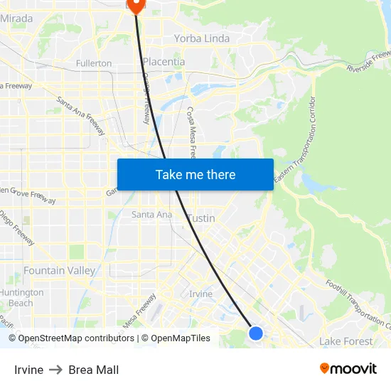 Irvine to Brea Mall map