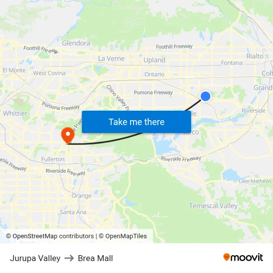 Jurupa Valley to Brea Mall map