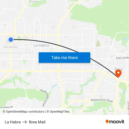 La Habra to Brea Mall map
