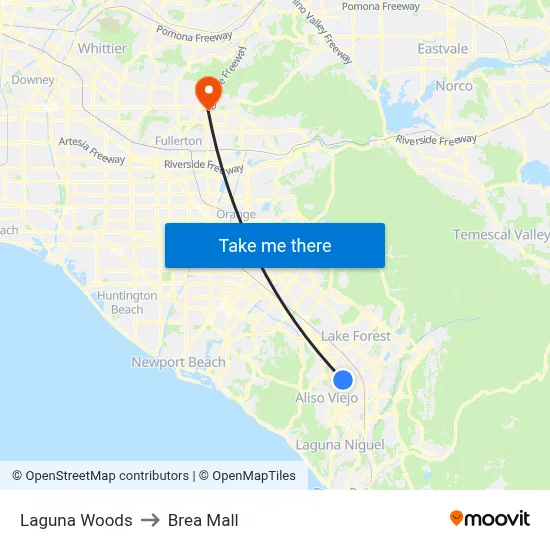 Laguna Woods to Brea Mall map