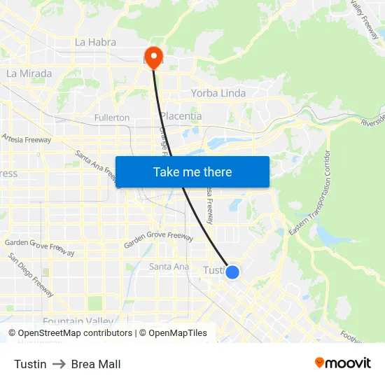 Tustin to Brea Mall map