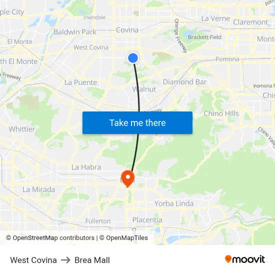 West Covina to Brea Mall map
