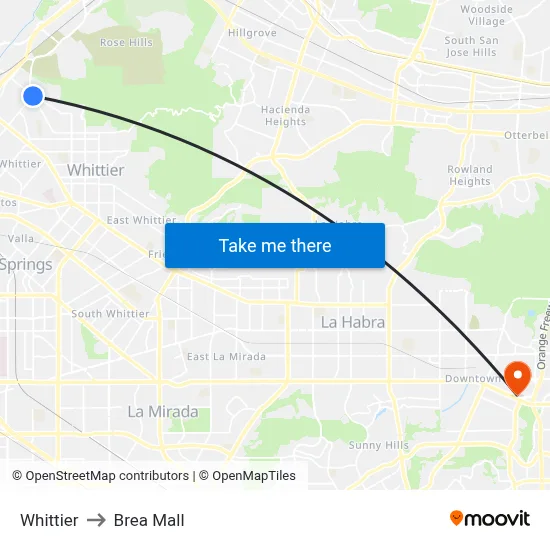 Whittier to Brea Mall map