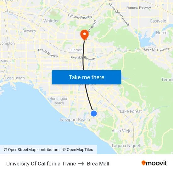 University Of California, Irvine to Brea Mall map