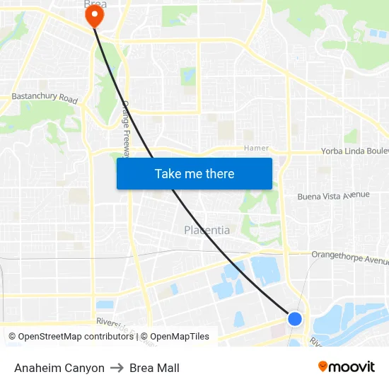 Anaheim Canyon to Brea Mall map