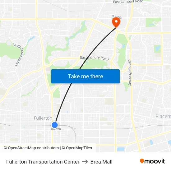 Fullerton Transportation Center to Brea Mall map