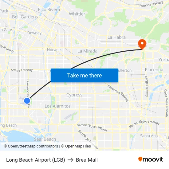 Long Beach Airport (LGB) to Brea Mall map