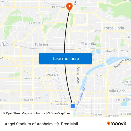 Angel Stadium of Anaheim to Brea Mall map