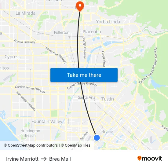 Irvine Marriott to Brea Mall map