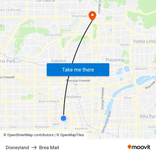 Disneyland to Brea Mall map
