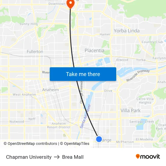 Chapman University to Brea Mall map