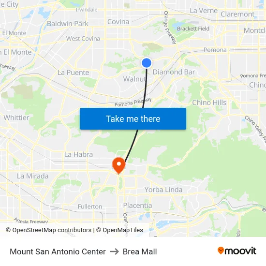 Mount San Antonio Center to Brea Mall map