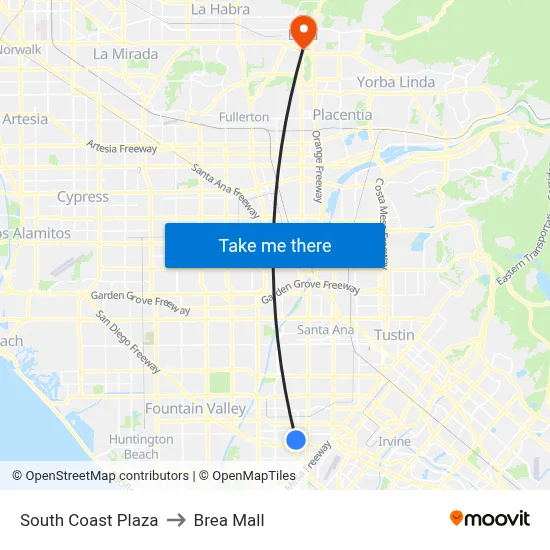 South Coast Plaza to Brea Mall map