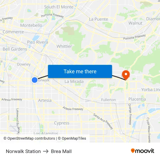 Norwalk Station to Brea Mall map