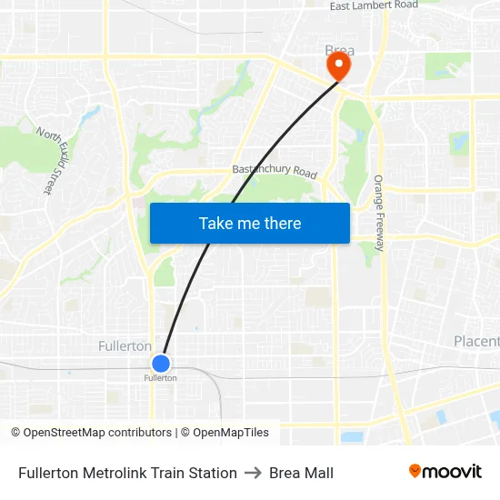 Fullerton Metrolink Train Station to Brea Mall map
