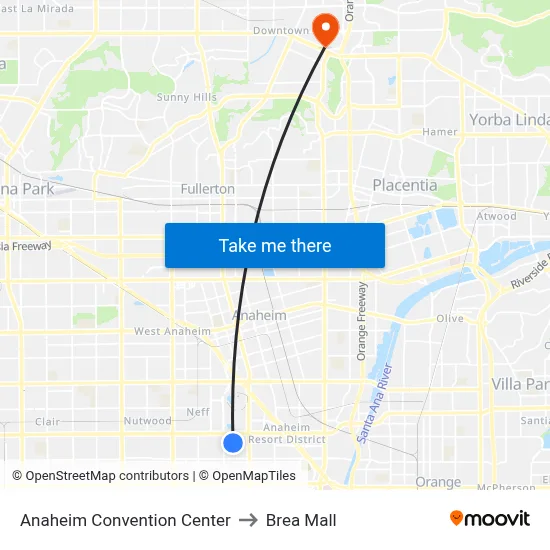 Anaheim Convention Center to Brea Mall map