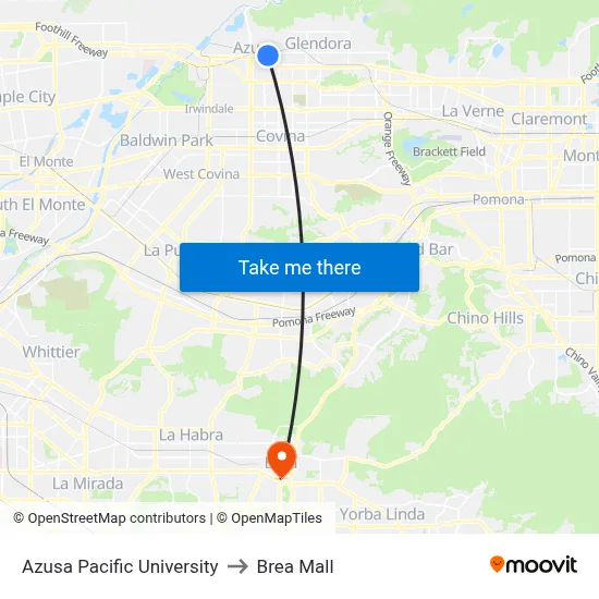 Azusa Pacific University to Brea Mall map