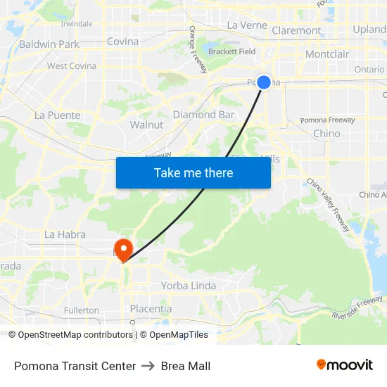 Pomona Transit Center to Brea Mall map