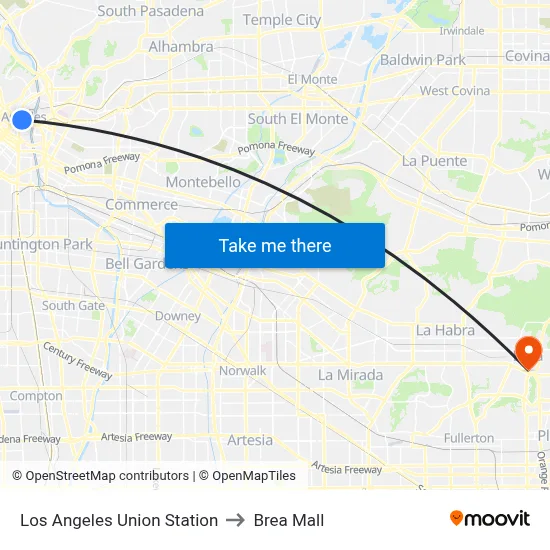 Los Angeles Union Station to Brea Mall map