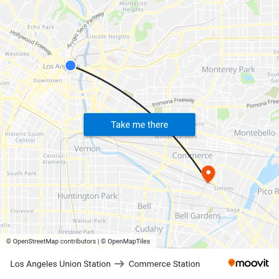 Los Angeles Union Station to Commerce Station map