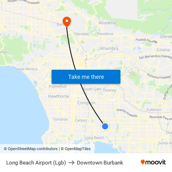 Long Beach Airport (Lgb) to Downtown Burbank map