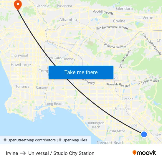Irvine to Universal / Studio City Station map