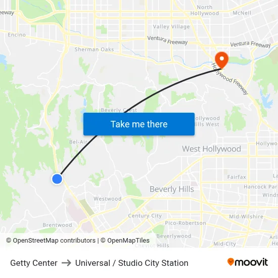 Getty Center to Universal / Studio City Station map