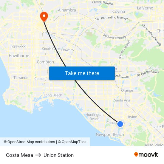Costa Mesa to Union Station map