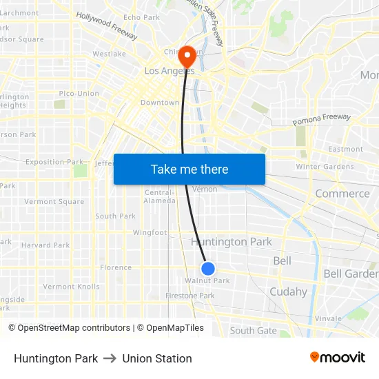 Huntington Park to Union Station map